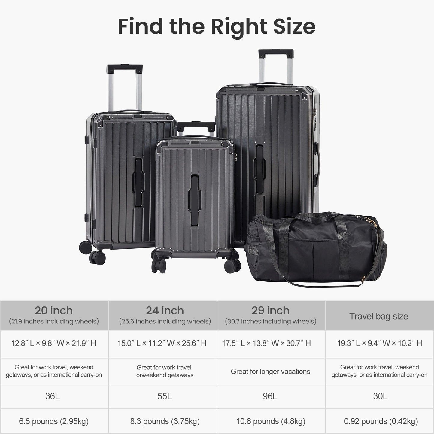 Luggage Set 4 pcs (20"/24"/29"/Travel Bag), PC+ABS Durable Lightweight Luggage with Collapsible Cup Holder, TSA Lock, Gray - FurniFindUSA