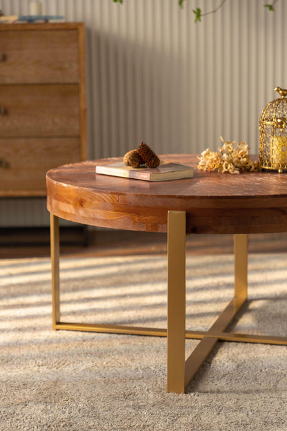 33.86"Modern Retro Splicing Round Coffee Table Fir Wood Table Top with Gold Cross Legs Base - FurniFindUSA