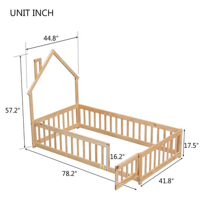 Twin House-Shaped Headboard Floor Bed with Fence Natural - FurniFindUSA