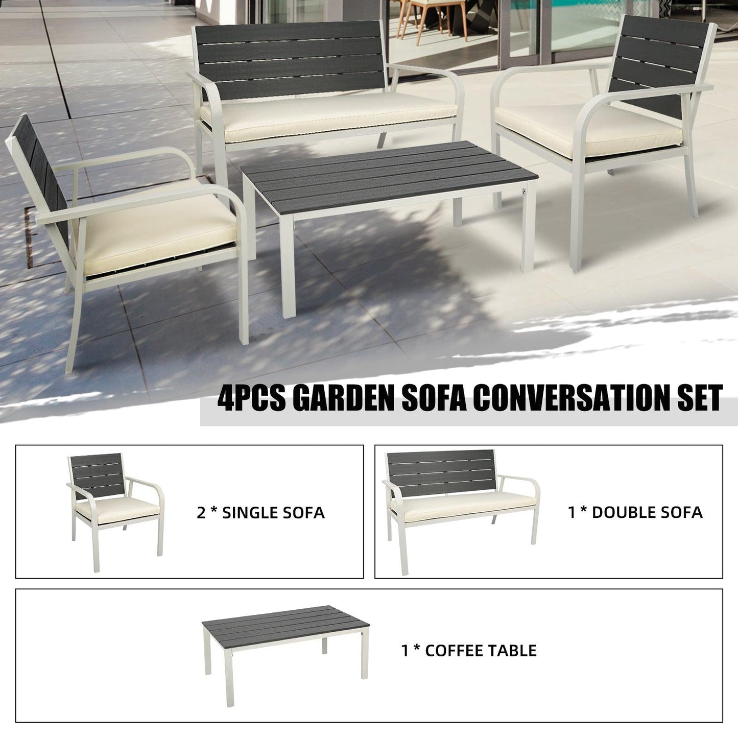 4 Pieces Patio Garden Sofa Conversation Set Wood Grain Design PE Steel Frame Loveseat All Weather Outdoor Furniture Set - FurniFindUSA