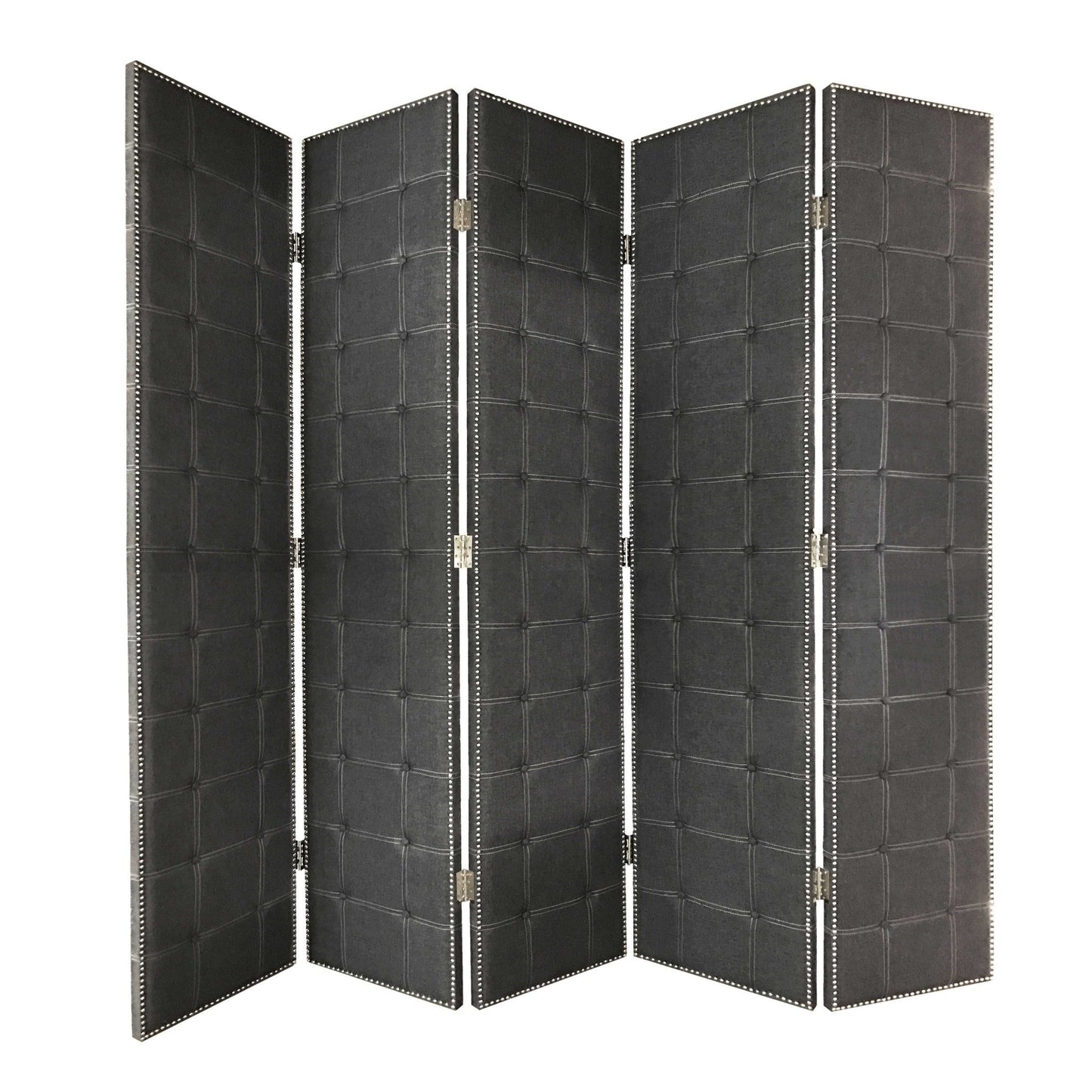 108" Gray Fabric And Wood Folding Five Panel Screen Room Divider HomeRoots