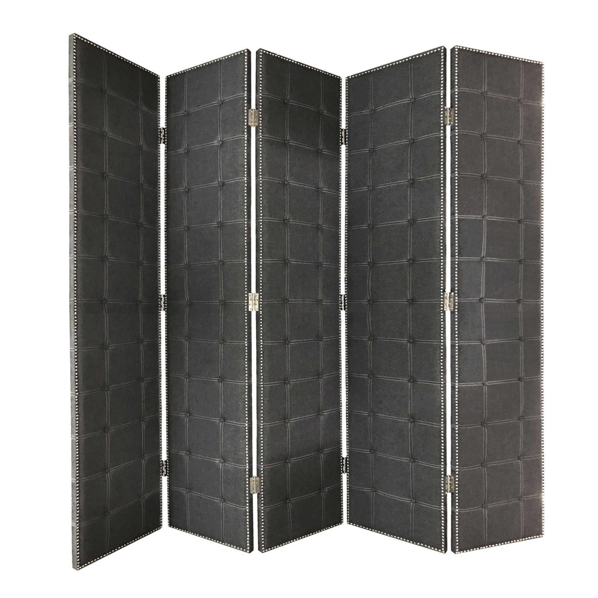 108" Gray Fabric And Wood Folding Five Panel Screen Room Divider HomeRoots