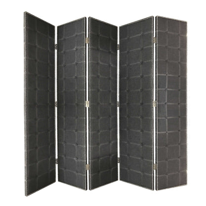 108" Gray Fabric And Wood Folding Five Panel Screen Room Divider HomeRoots