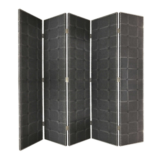 108" Gray Fabric And Wood Folding Five Panel Screen Room Divider HomeRoots