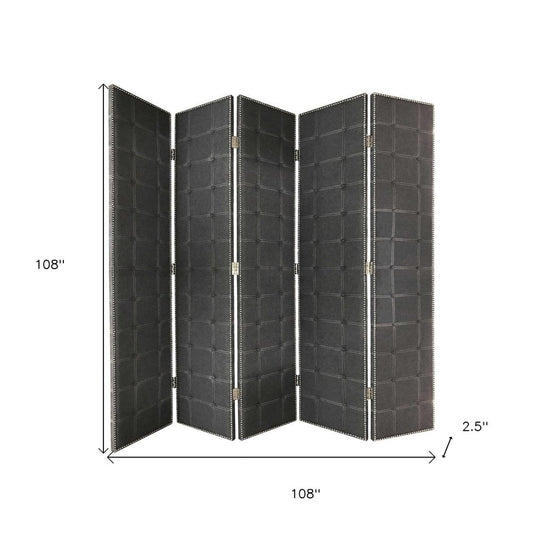 108" Gray Fabric And Wood Folding Five Panel Screen Room Divider HomeRoots