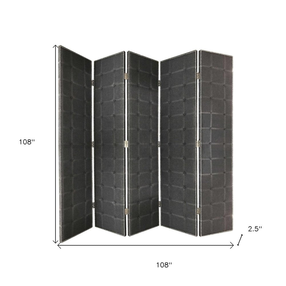 108" Gray Fabric And Wood Folding Five Panel Screen Room Divider HomeRoots
