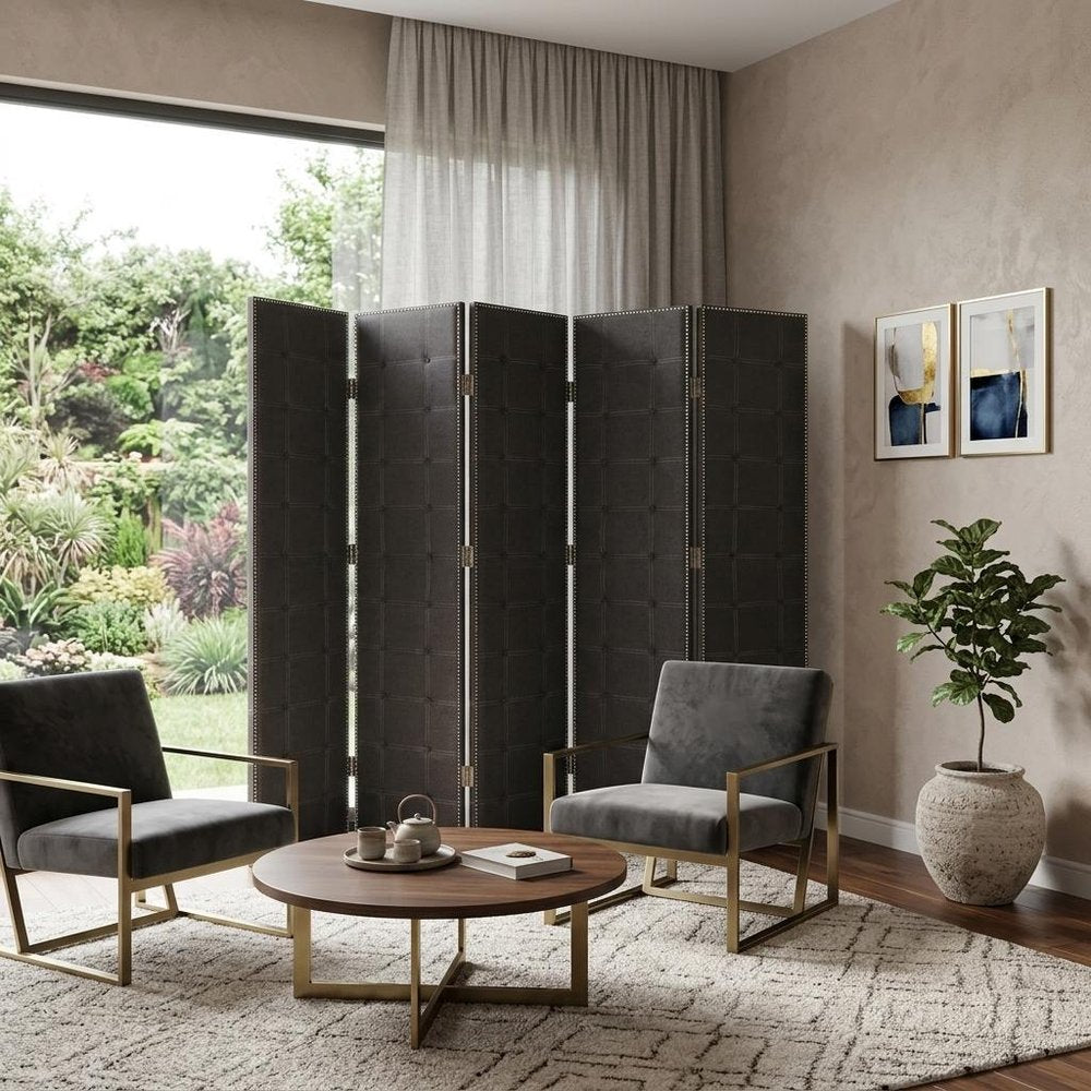 108" Gray Fabric And Wood Folding Five Panel Screen Room Divider HomeRoots