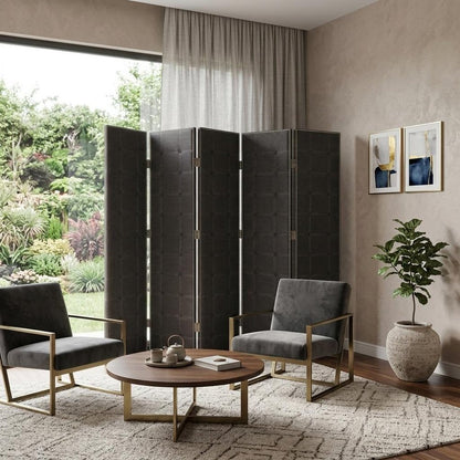 108" Gray Fabric And Wood Folding Five Panel Screen Room Divider HomeRoots