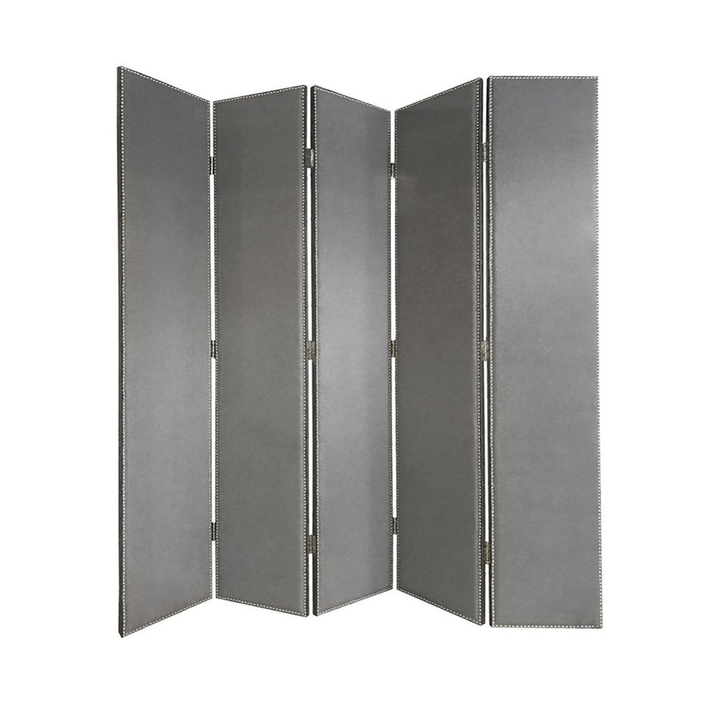 108" Gray Fabric And Wood Folding Five Panel Screen Room Divider HomeRoots