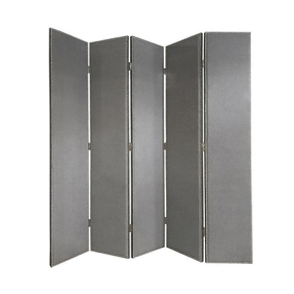 108" Gray Fabric And Wood Folding Five Panel Screen Room Divider HomeRoots