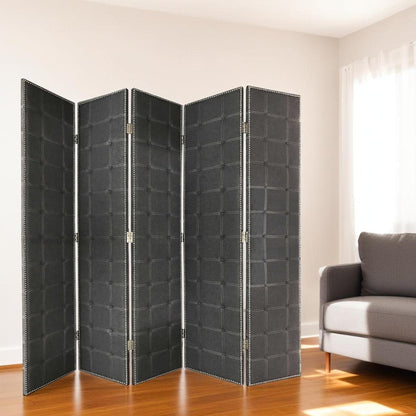 108" Gray Fabric And Wood Folding Five Panel Screen Room Divider HomeRoots