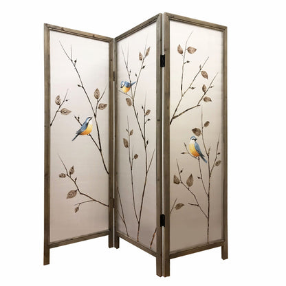 63" Brown Fabric and Wood Folding Three Panel Screen Room Divider HomeRoots