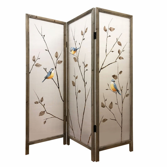 63" Brown Fabric and Wood Folding Three Panel Screen Room Divider HomeRoots