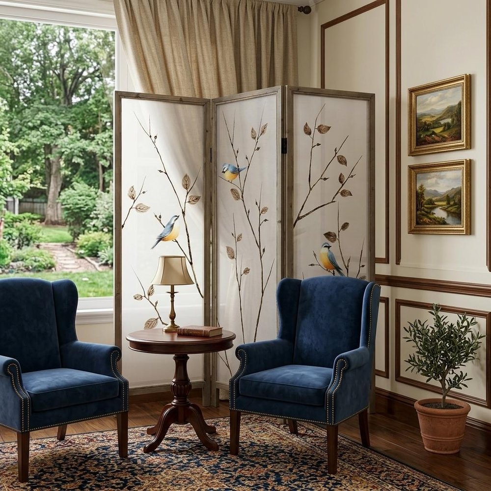 63" Brown Fabric and Wood Folding Three Panel Screen Room Divider HomeRoots
