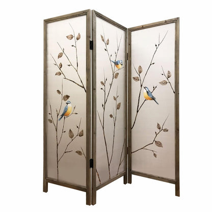 63" Brown Fabric and Wood Folding Three Panel Screen Room Divider HomeRoots
