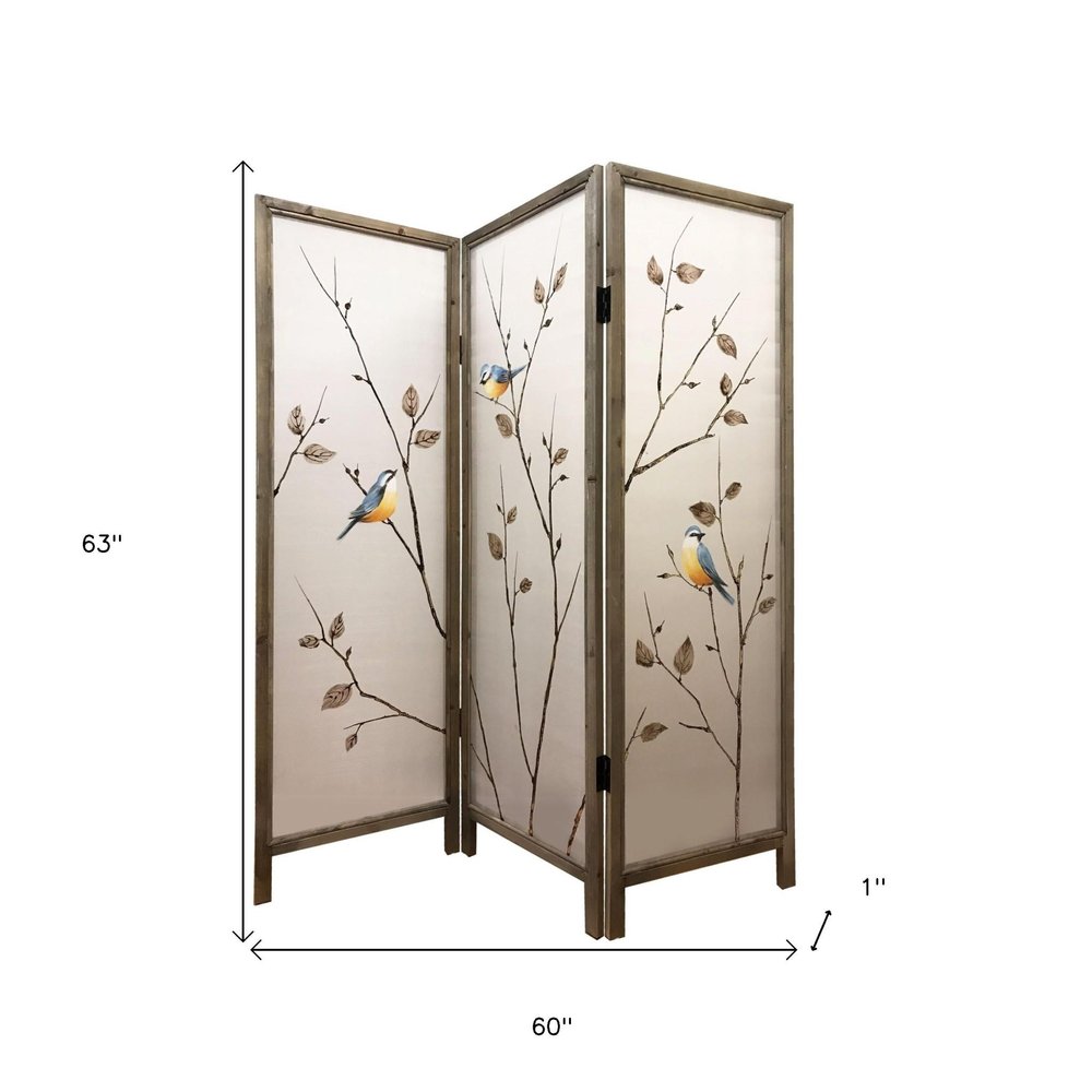 63" Brown Fabric and Wood Folding Three Panel Screen Room Divider HomeRoots