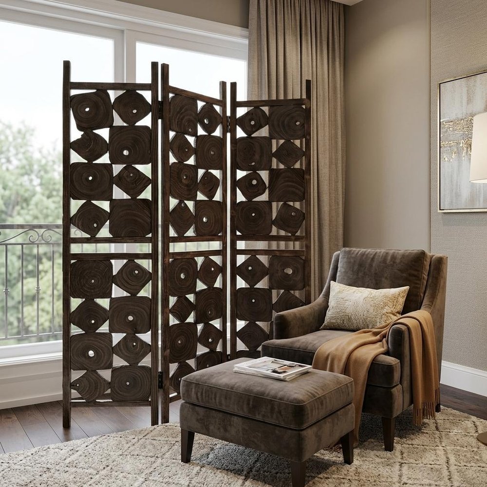 71" Brown Solid Wood Folding Three Panel Screen Room Divider HomeRoots