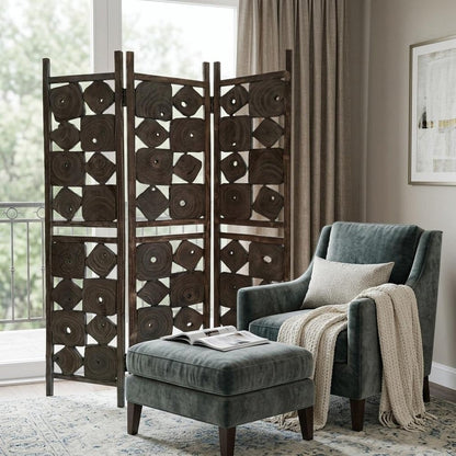 71" Brown Solid Wood Folding Three Panel Screen Room Divider HomeRoots