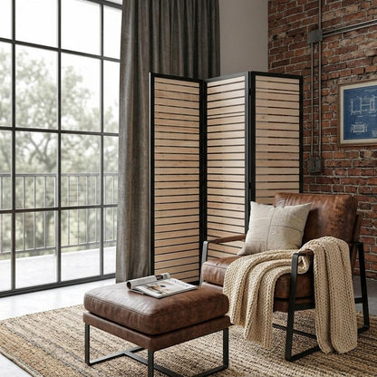 67" Natural Wood and Iron Folding Three Panel Screen Room Divider HomeRoots