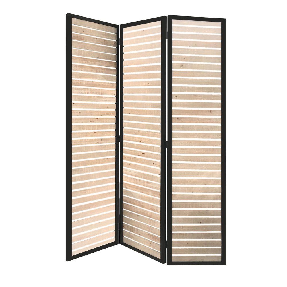67" Natural Wood and Iron Folding Three Panel Screen Room Divider HomeRoots
