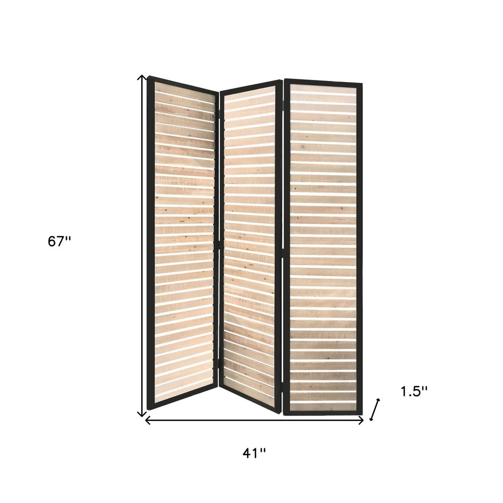 67" Natural Wood and Iron Folding Three Panel Screen Room Divider HomeRoots
