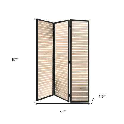 67" Natural Wood and Iron Folding Three Panel Screen Room Divider HomeRoots