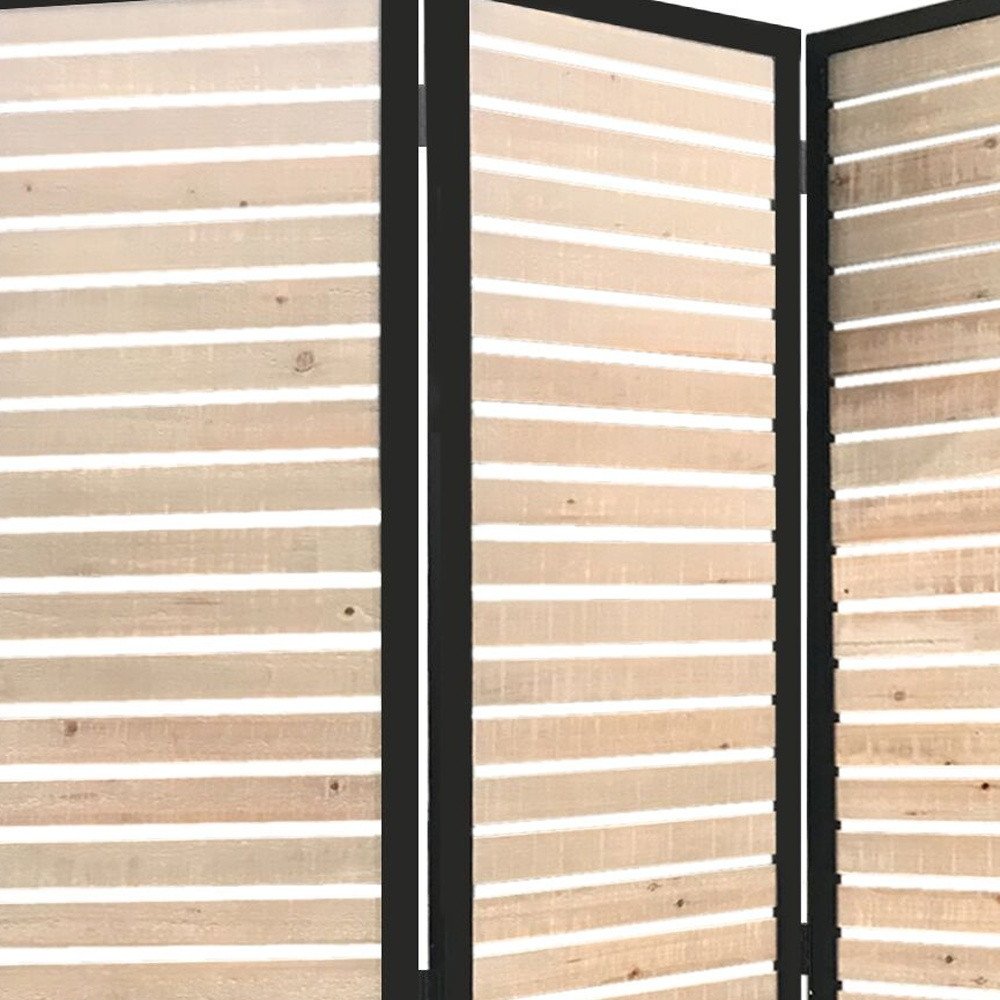 67" Natural Wood and Iron Folding Three Panel Screen Room Divider HomeRoots