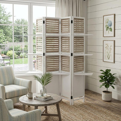 71" White Wood Folding Four Panel Screen Room Divider HomeRoots