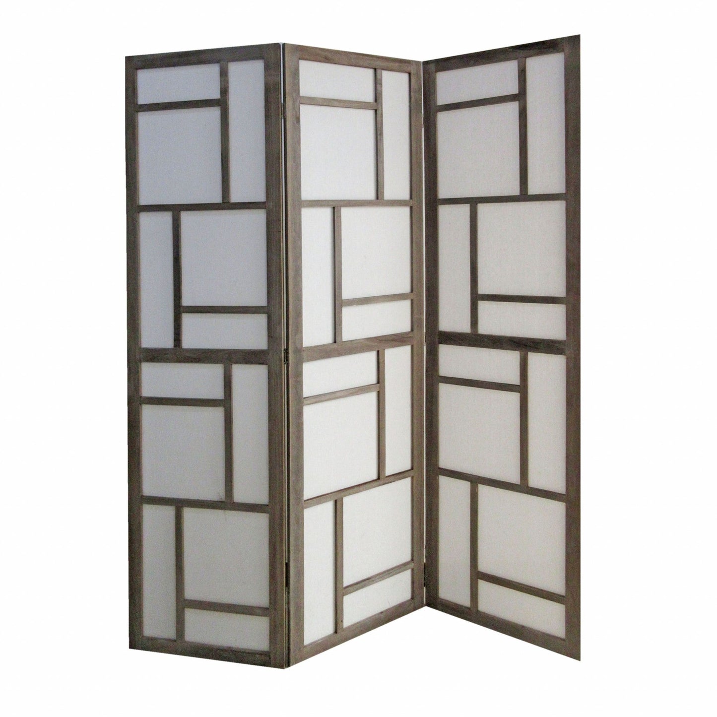 50" Gray and White Wood and Fabric Three Panel Screen Room Divider HomeRoots