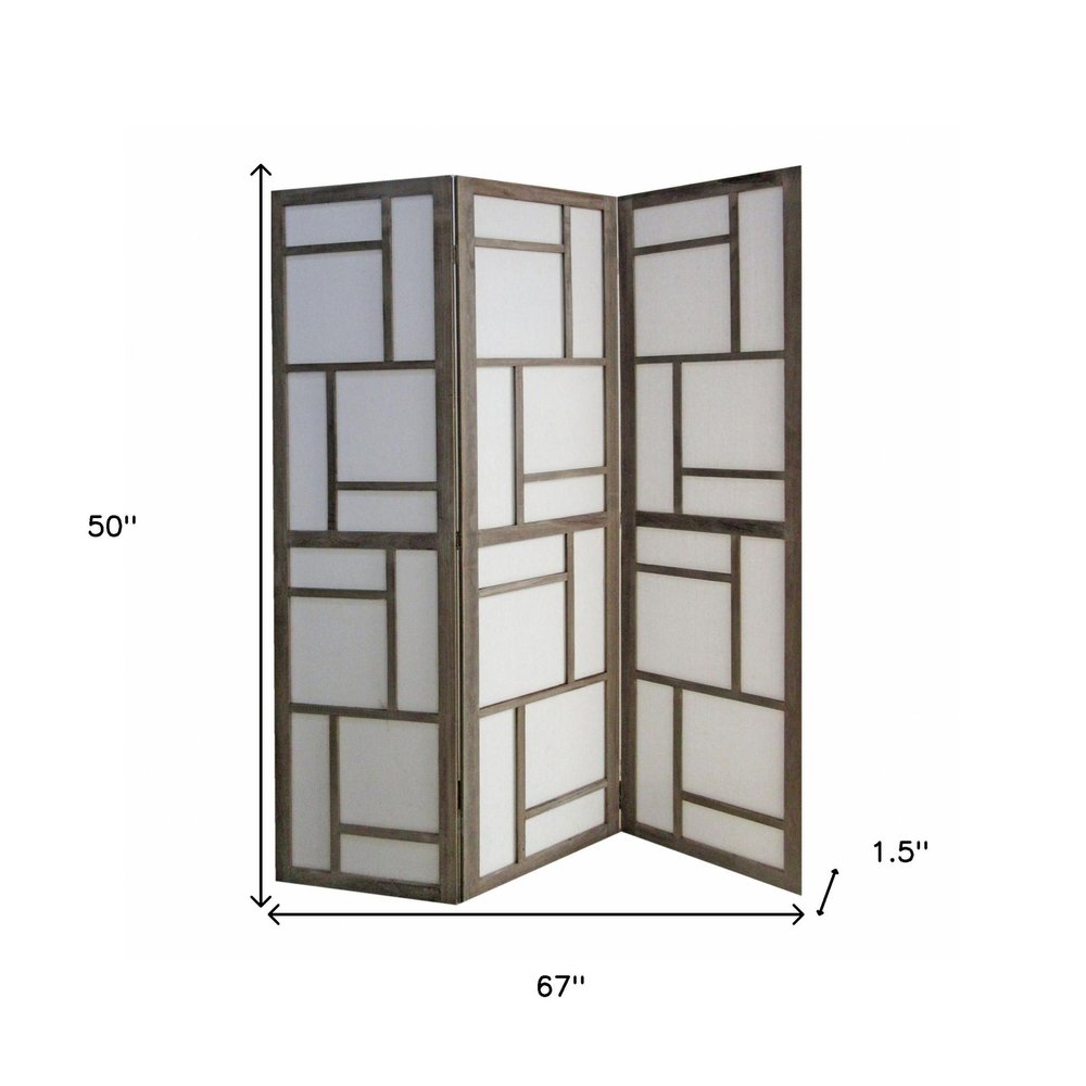 50" Gray and White Wood and Fabric Three Panel Screen Room Divider HomeRoots