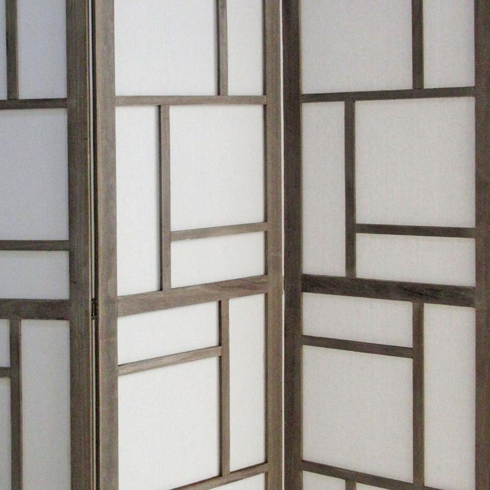 50" Gray and White Wood and Fabric Three Panel Screen Room Divider HomeRoots