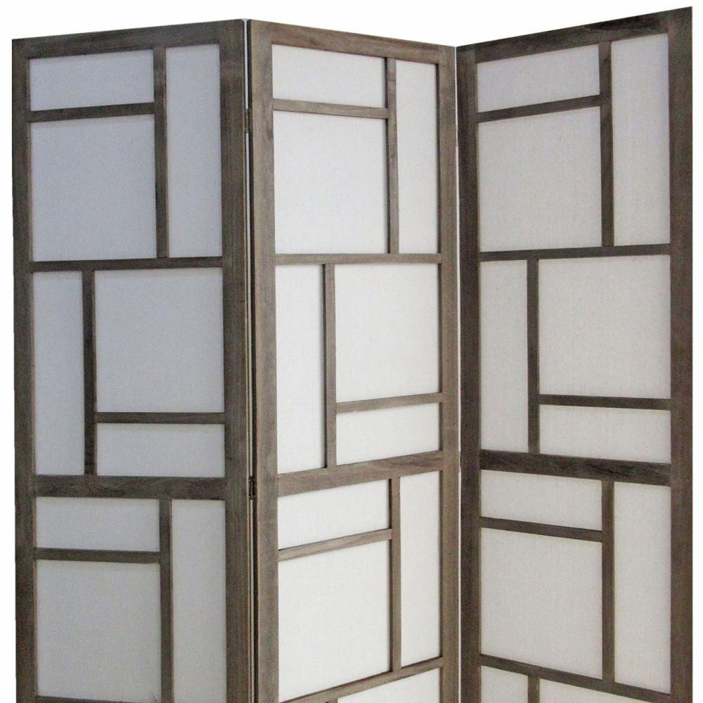 50" Gray and White Wood and Fabric Three Panel Screen Room Divider HomeRoots