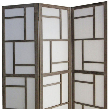 50" Gray and White Wood and Fabric Three Panel Screen Room Divider HomeRoots
