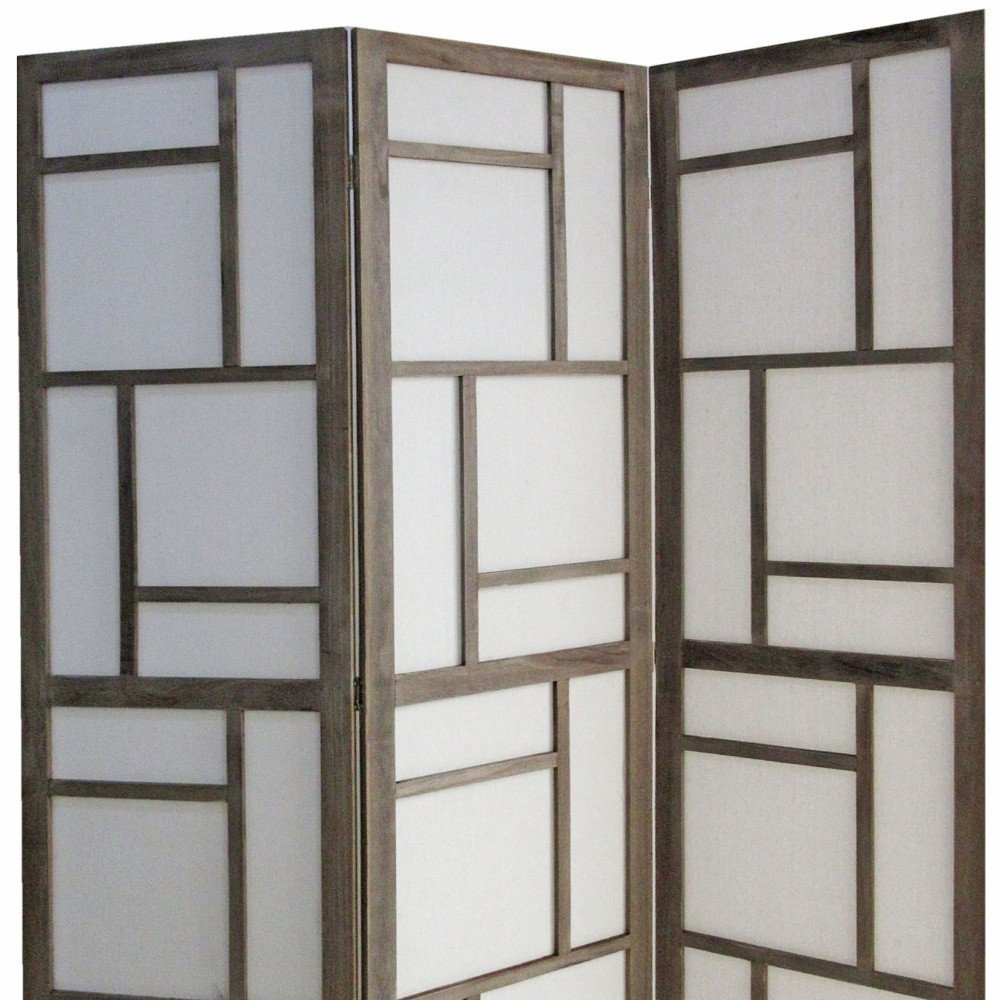 50" Gray and White Wood and Fabric Three Panel Screen Room Divider HomeRoots