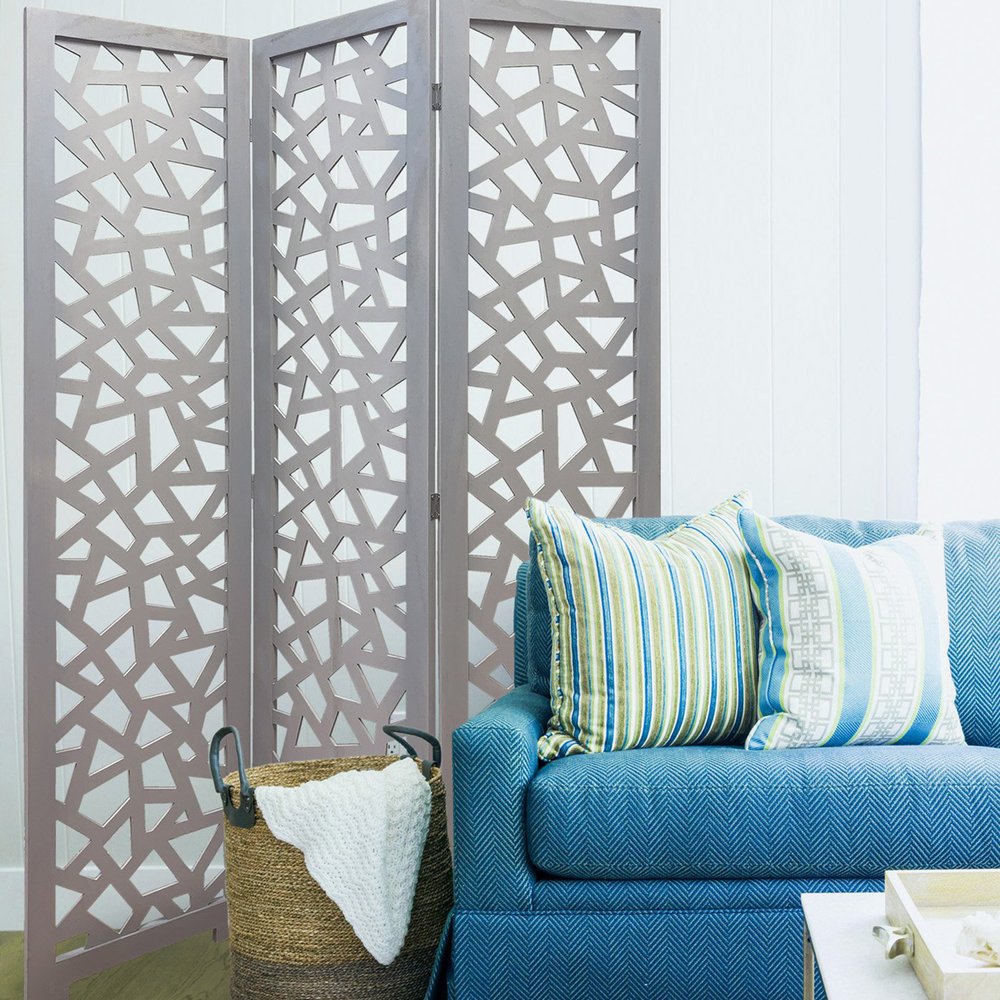 50" Gray Solid Wood Folding Three Panel Screen Room Divider HomeRoots
