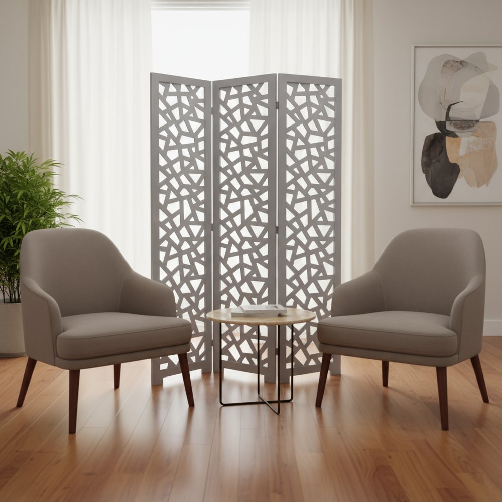 50" Gray Solid Wood Folding Three Panel Screen Room Divider HomeRoots