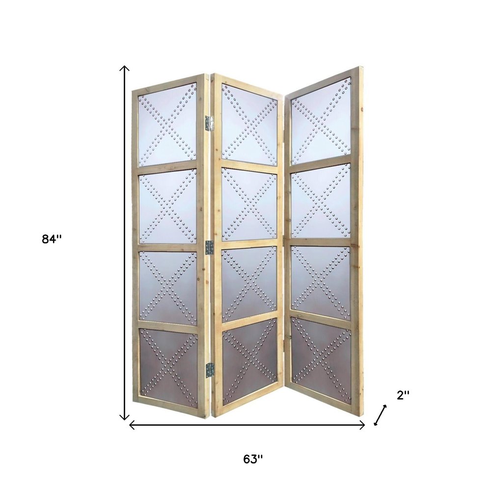 84" Silver Folding Three Panel Screen Room Divider HomeRoots