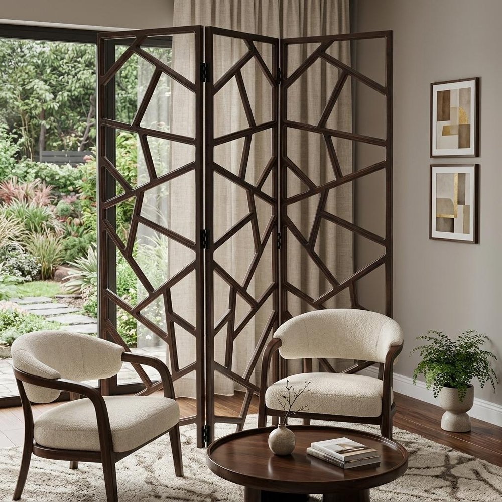 70" Brown Solid Wood Folding Three Panel Screen Room Divider HomeRoots