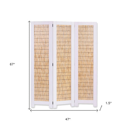 67" Natural And White Wood Folding Three Panel Screen Room Divider HomeRoots