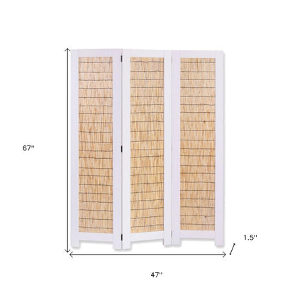 67" Natural And White Wood Folding Three Panel Screen Room Divider HomeRoots