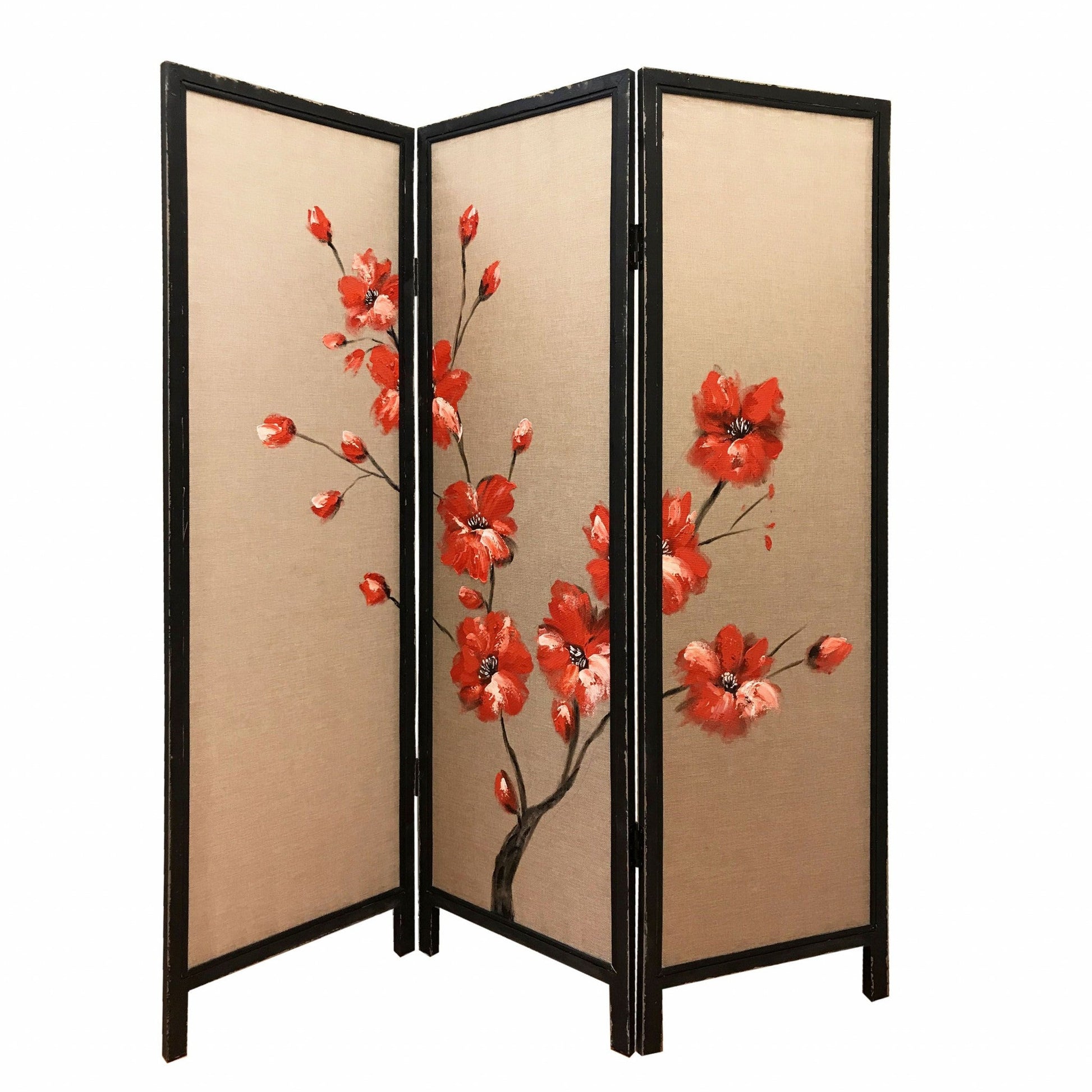 63" Brown Fabric Folding Three Panel Screen Room Divider HomeRoots