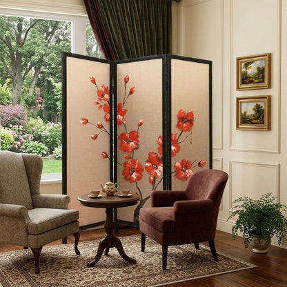 63" Brown Fabric Folding Three Panel Screen Room Divider HomeRoots