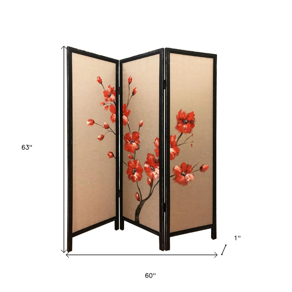 63" Brown Fabric Folding Three Panel Screen Room Divider HomeRoots