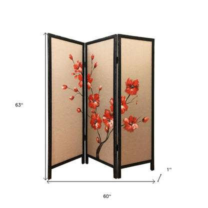 63" Brown Fabric Folding Three Panel Screen Room Divider HomeRoots