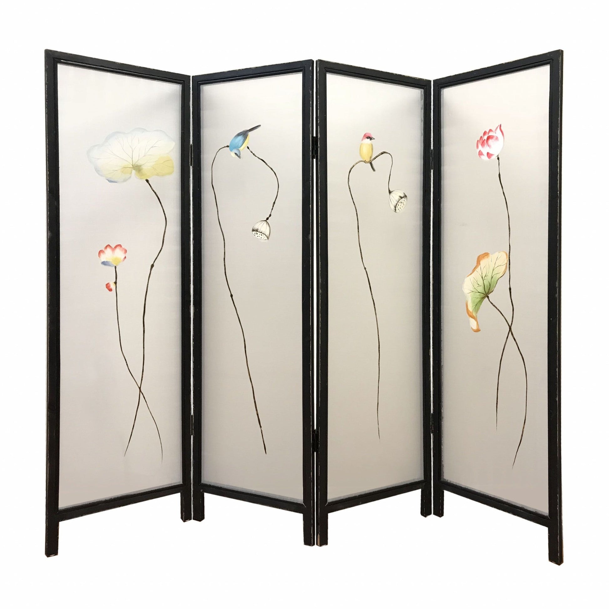 63" Black and White Fabric Folding Four Panel Screen Room Divider HomeRoots