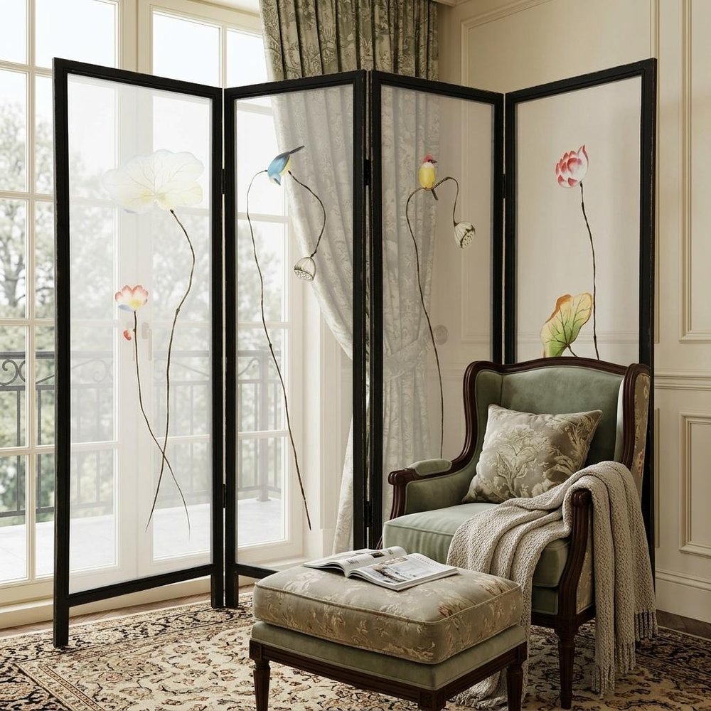 63" Black and White Fabric Folding Four Panel Screen Room Divider HomeRoots