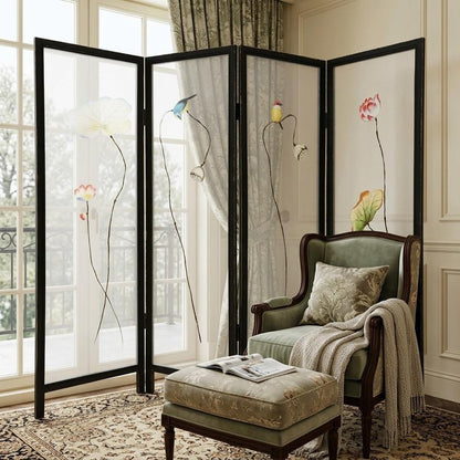 63" Black and White Fabric Folding Four Panel Screen Room Divider HomeRoots