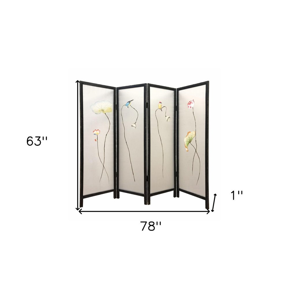 63" Black and White Fabric Folding Four Panel Screen Room Divider HomeRoots