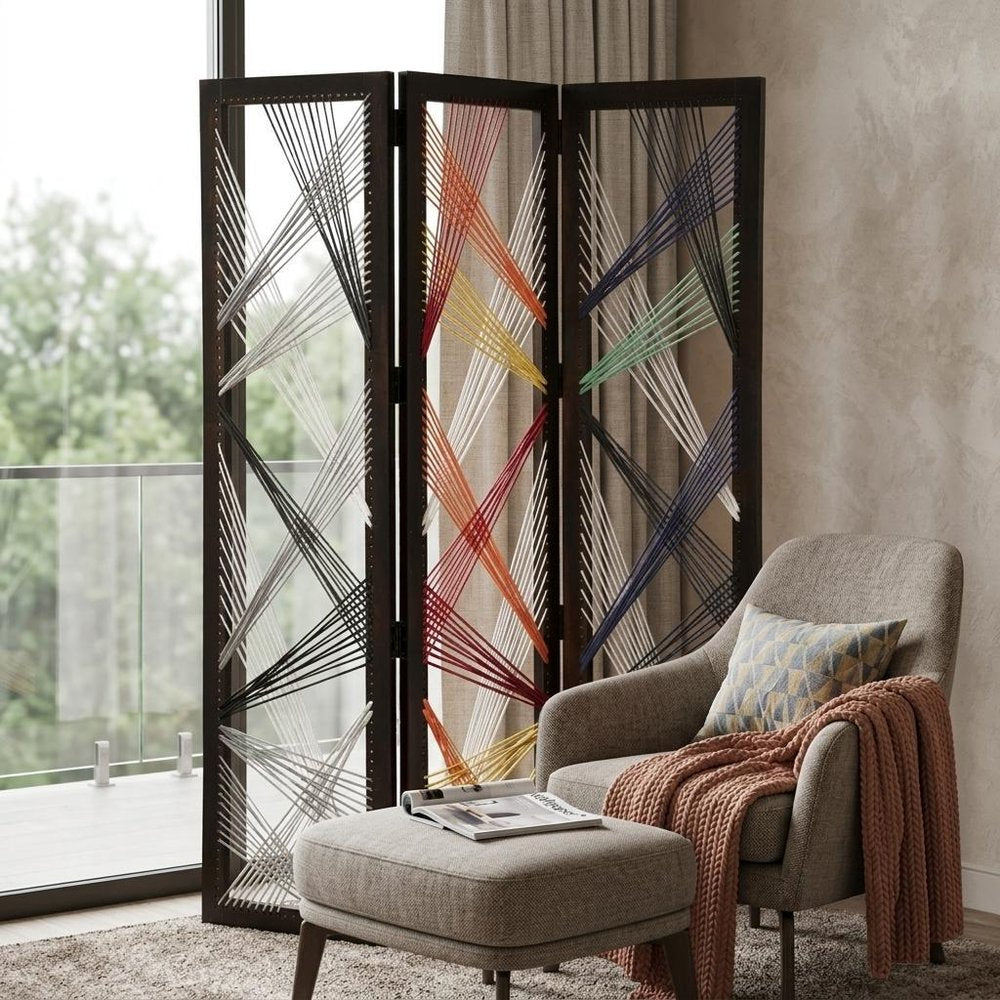 72" Black Fabric Folding Three Panel Screen Room Divider HomeRoots