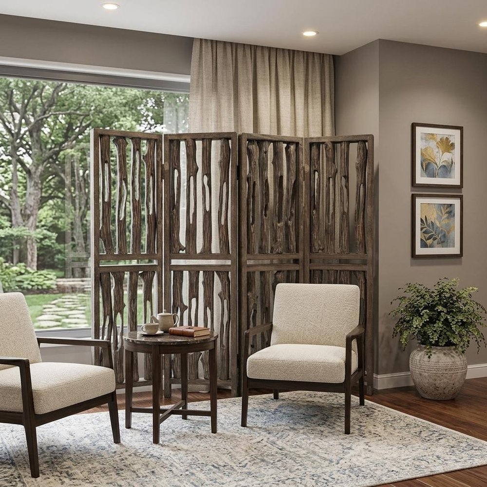 84" Brown Wood Folding Four Panel Screen Room Divider HomeRoots